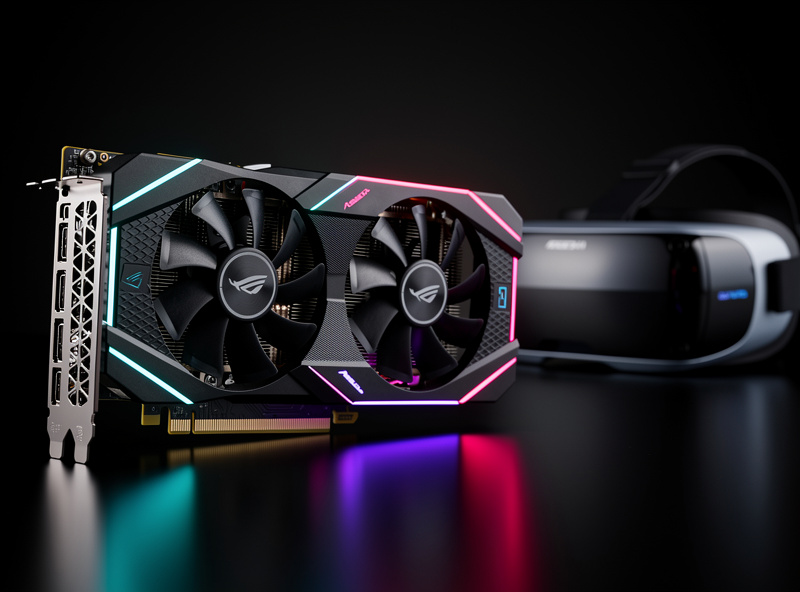 GPU graphics card with VR headset in background