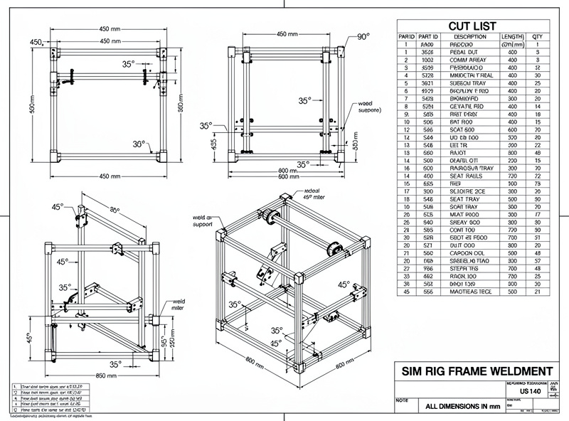 CAD drawing of sim rig frame with dimensioned cut list and joint angles