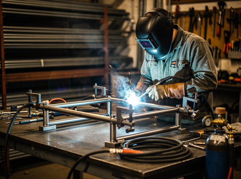 Welder fabricating steel tube sim racing rig frame with MIG welder