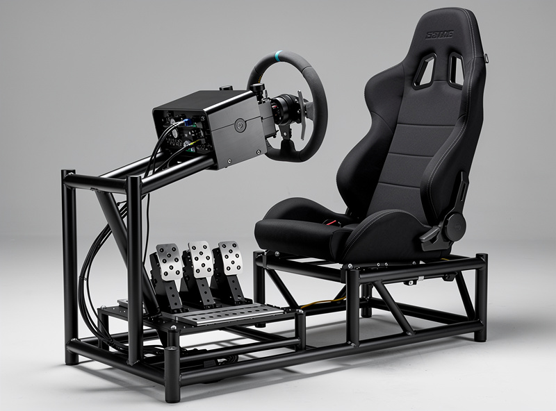 Complete sim racing cockpit on welded steel frame with direct drive wheel