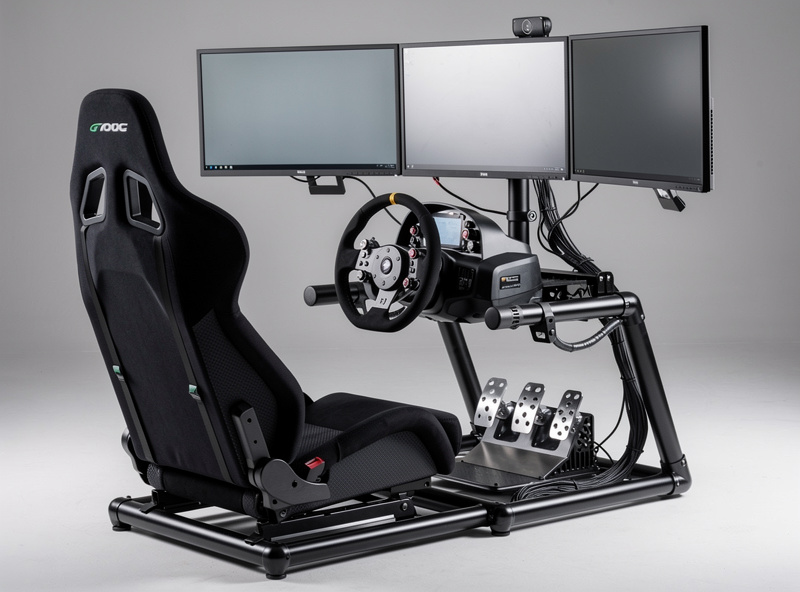 Fully assembled sim racing cockpit with triple monitor mount and direct drive wheel