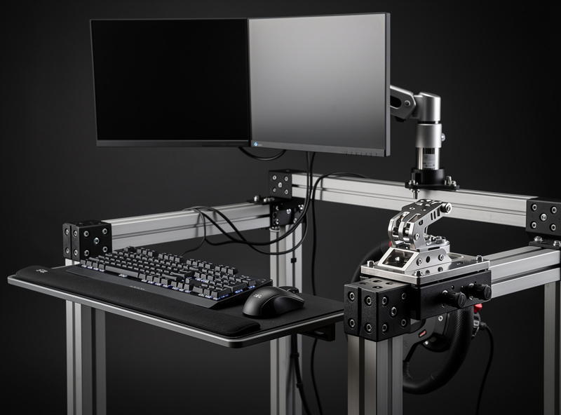 Sim racing cockpit accessories including shifter mount, keyboard tray, and monitor arm