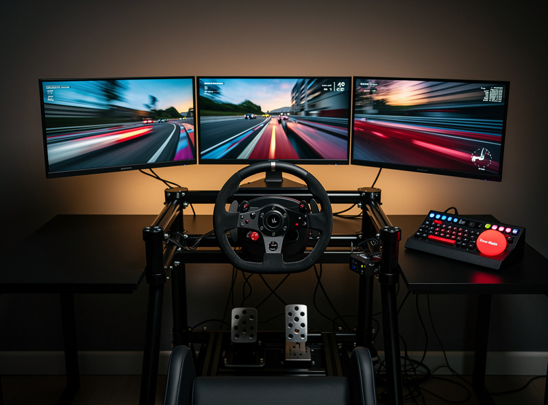 Sim racing cockpit with a steering wheel and pedals, a Stream Deck on the desk with a glowing red Race Mode key, dimmed amber wall lighting, the cockpit ready for a session