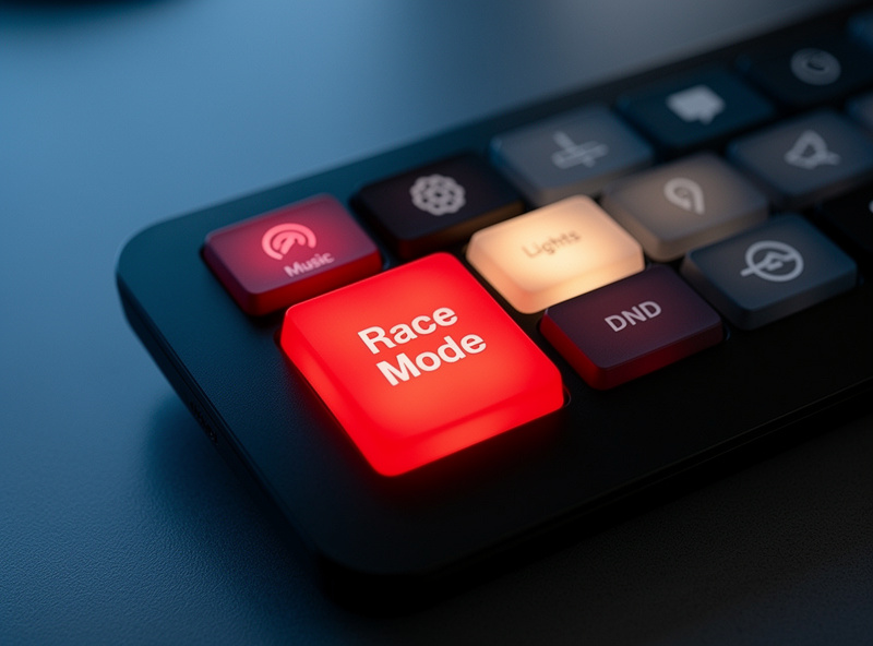 Elgato Stream Deck close-up with a glowing red Race Mode key clearly labeled, additional context keys for music, lights, and DND visible, soft cockpit lighting