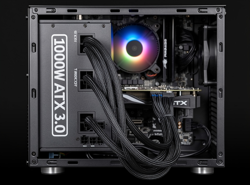 Open computer case showing a high-wattage 1000W ATX 3.0 power supply with thick modular cable harness inside a gaming PC