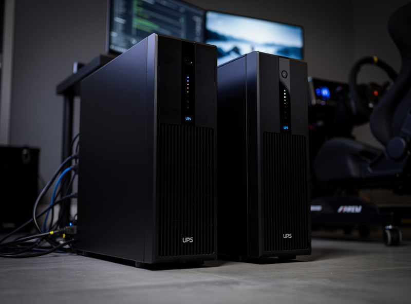 Tower style UPS battery backup unit beside a sim racing PC tower with cables connecting to keep the rig running during a power outage