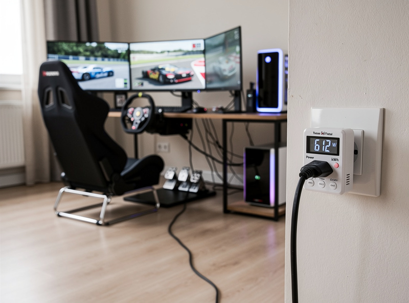 Wattmeter plugged into wall outlet displaying 612 watts of total draw with cables running to triple-monitor sim racing rig
