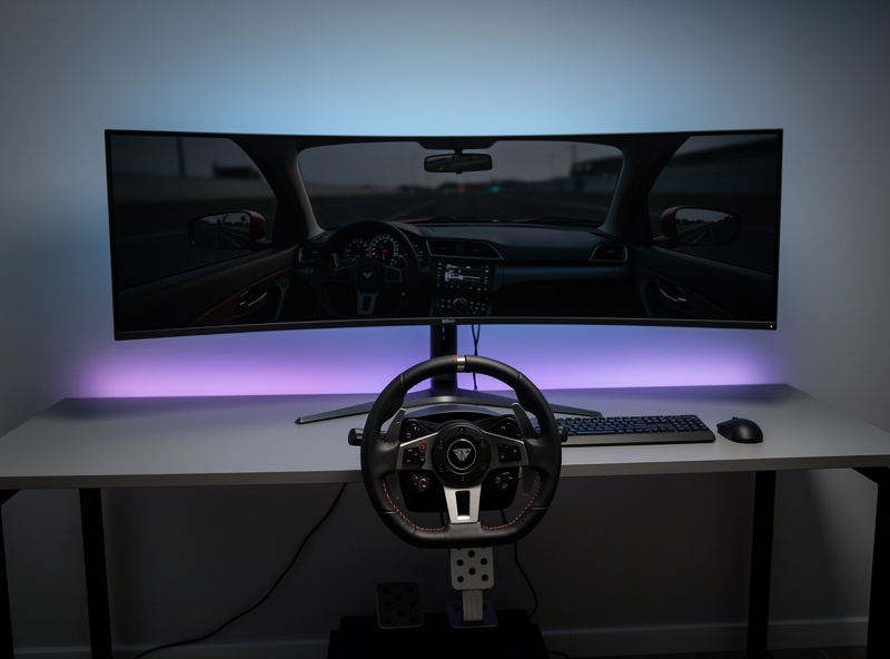 49-inch super ultrawide curved monitor with sim racing wheel on desk
