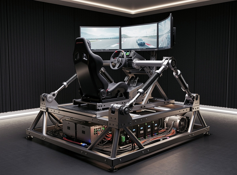 A 6DOF sim racing motion platform with six actuators in a dedicated room