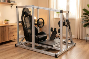 Finished 80/20 aluminum profile sim racing rig frame with seat, wheel deck and pedal plate in a home setup
