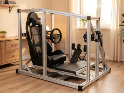 Finished 80/20 aluminum profile sim racing rig frame with seat, wheel deck and pedal plate in a home setup
