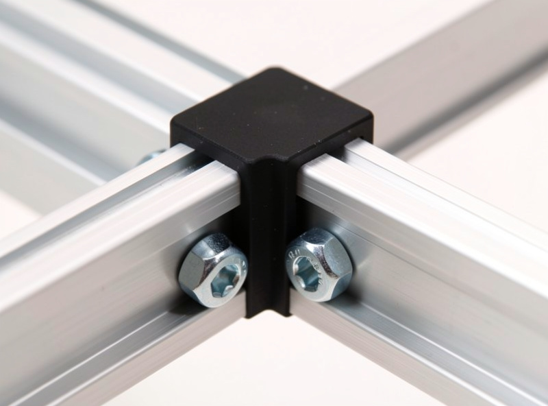 Corner bracket joining two pieces of 8020 aluminum profile with hex bolts and T-nuts on a sim rig frame
