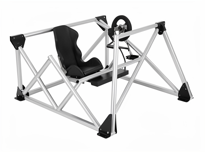 Finished 8020 aluminum profile sim racing rig with gusset bracing, seat, wheel deck and pedal plate in a home setup