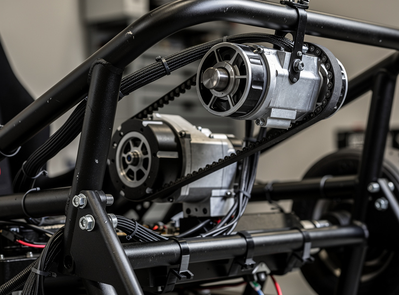 Belt-tensioner motor units mounted on a sim racing cockpit frame