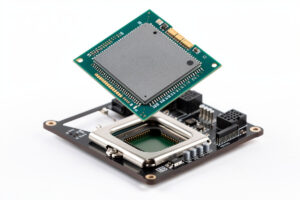Computer CPU processor above its motherboard socket for a sim racing PC build