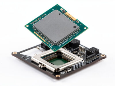 Computer CPU processor above its motherboard socket for a sim racing PC build