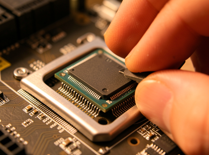 A CPU being seated into a motherboard socket for a sim racing PC build