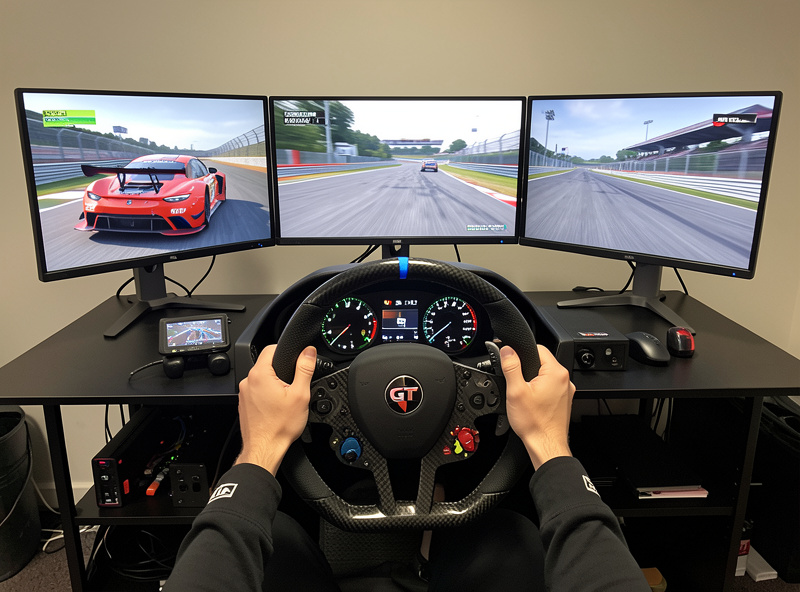 ACC GT3 cockpit view on a triple-monitor sim racing rig with a direct-drive wheelbase