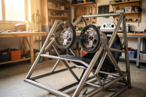Direct-drive sim racing wheelbase on a welded steel cockpit with a formula rim