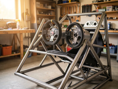 Direct-drive sim racing wheelbase on a welded steel cockpit with a formula rim