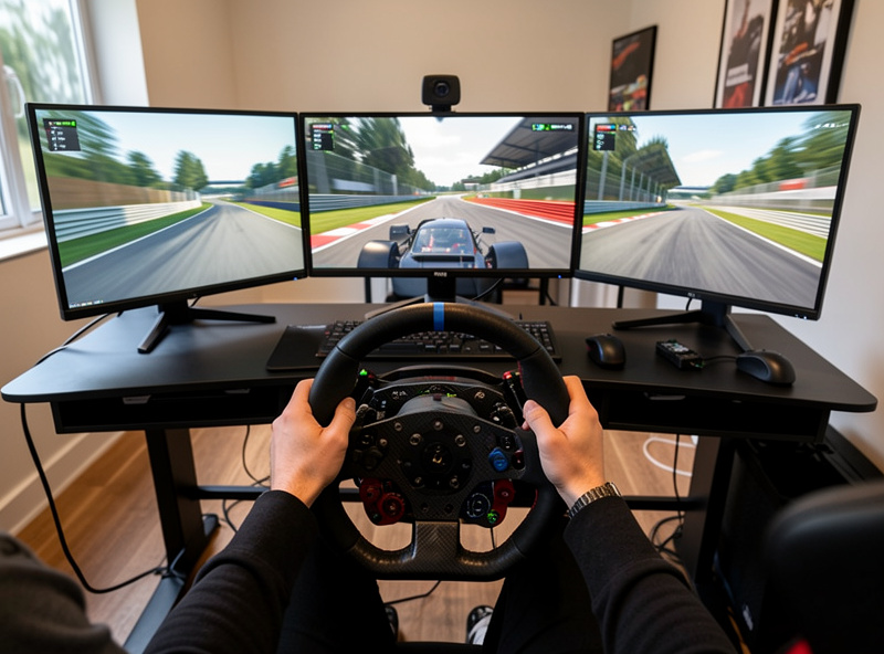 GT3 cockpit view in a sim racing title running on a direct-drive wheelbase rig
