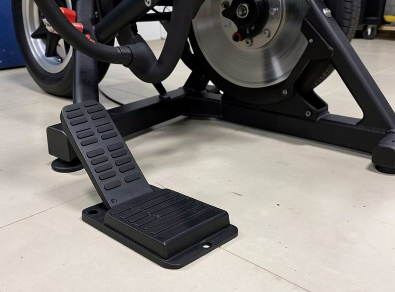Load-cell pedal set next to an entry direct-drive wheelbase on a sim rig