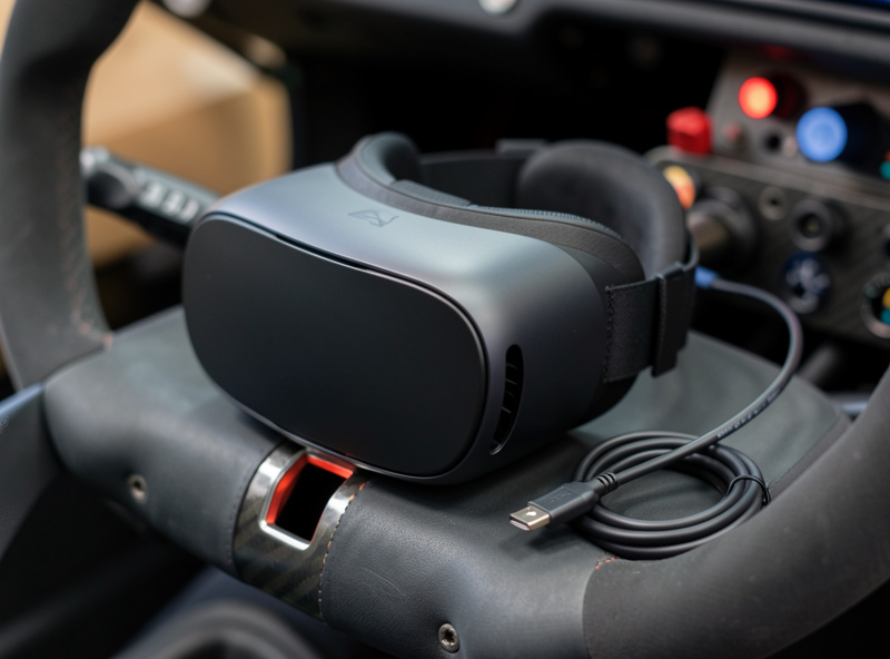 Meta Quest 3 VR headset sitting on a sim racing wheel rim with a Link cable coiled beside it