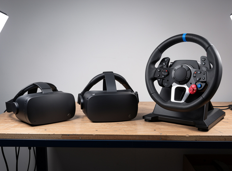 Three VR headsets lined up on a workbench next to a direct-drive sim racing wheelbase for comparison