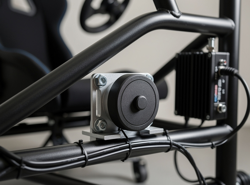 A single tactile transducer and basic amplifier mounted to a budget sim racing rig