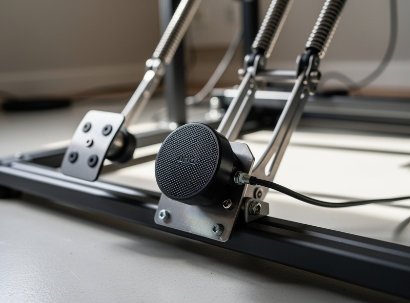A small high-frequency transducer mounted on a sim racing pedal deck for braking detail