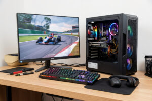 Affordable mid-range gaming PC build for sim racing on a workbench