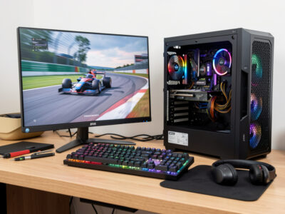 Affordable mid-range gaming PC build for sim racing on a workbench