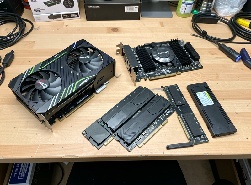 A budget sim racing PC build with mid-range components laid out on a workbench