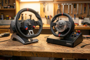 Direct-drive and belt-drive sim racing wheelbases compared side by side