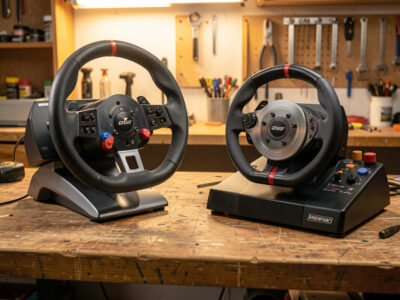 Direct-drive and belt-drive sim racing wheelbases compared side by side