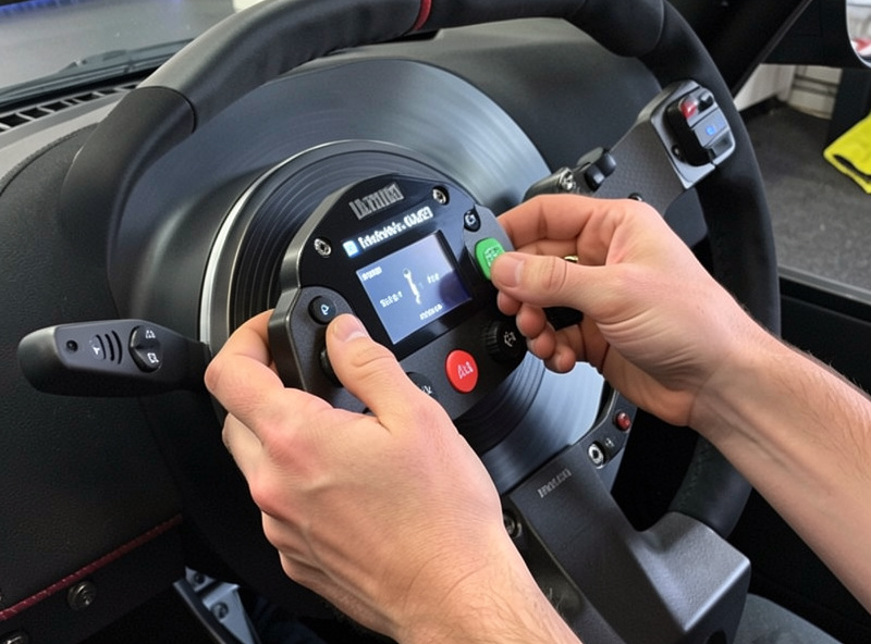 Hands tuning the force feedback settings on a direct-drive sim racing wheelbase