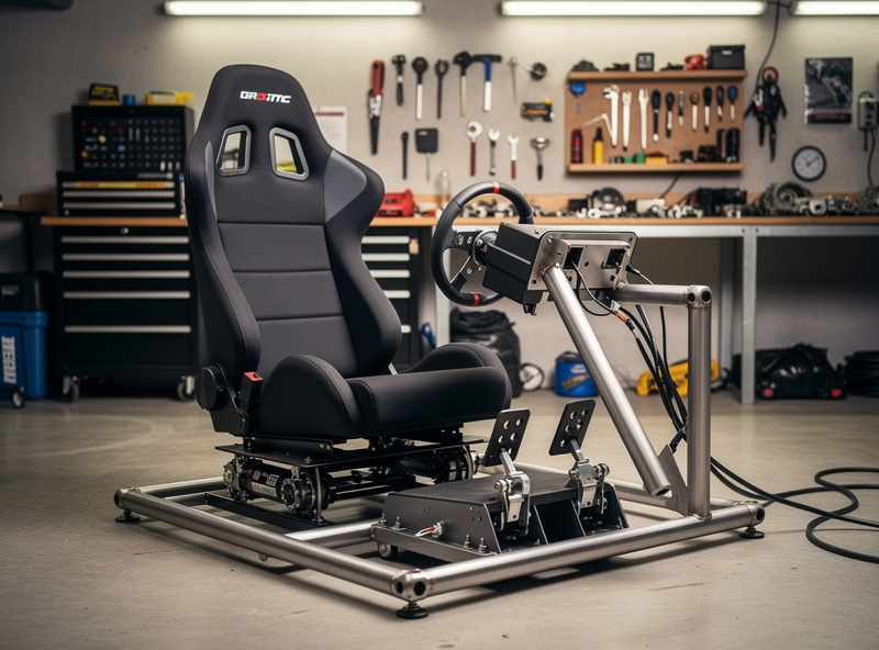 A DOF Reality style rotational motion platform under a sim racing cockpit