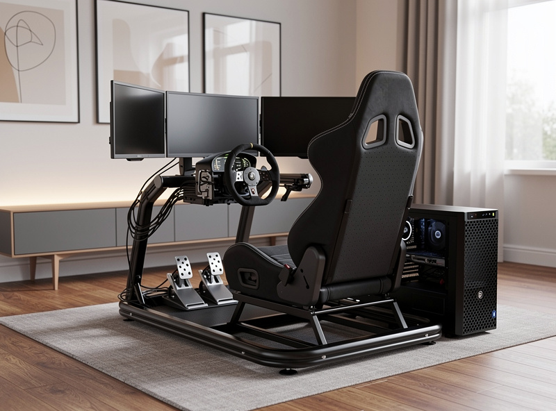 An integrated Next Level Racing style motion cockpit in a finished home room