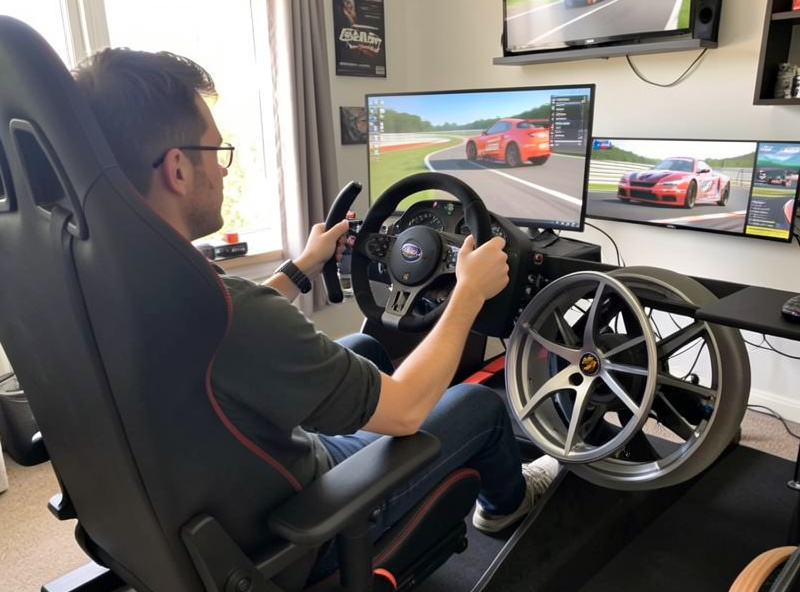 Entry-level direct-drive wheelbase with a GT rim mounted on a home sim racing cockpit