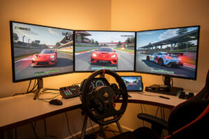 Sim racing rig running Assetto Corsa with force feedback tuned on a direct-drive wheel