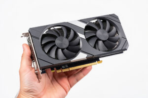 Modern graphics card before installation into a sim racing PC