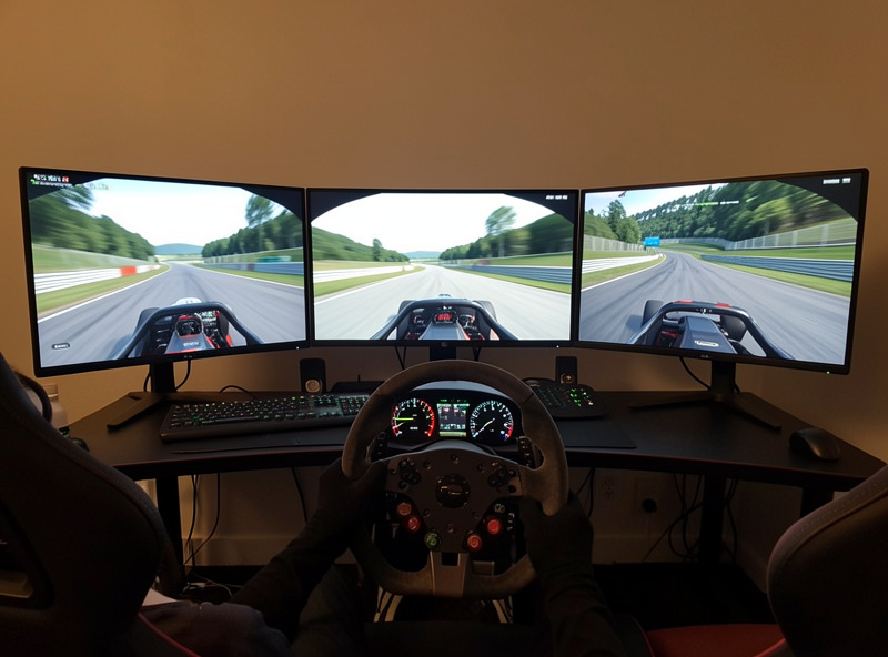Triple monitor sim racing setup showing the wide field of view that drives GPU load