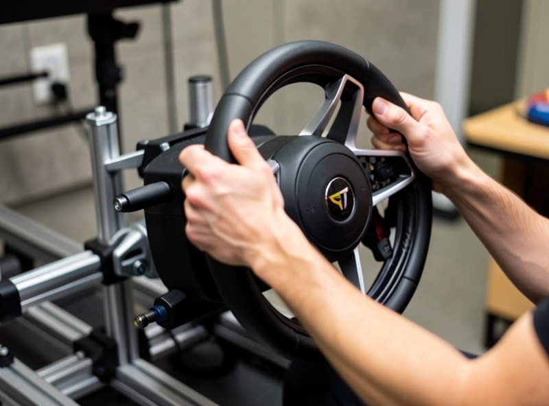 High-torque direct-drive wheelbase on a sim racing rig with a GT wheel attached