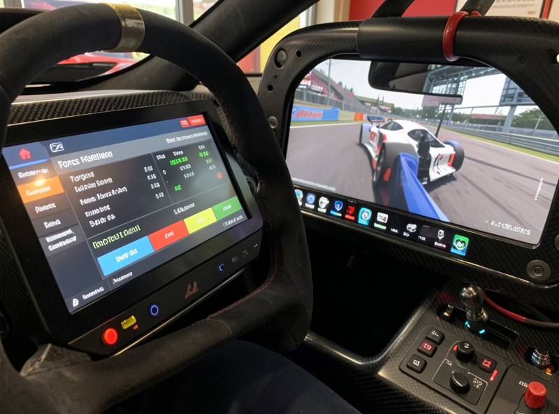 Sim racer adjusting force feedback torque settings on a direct-drive wheelbase