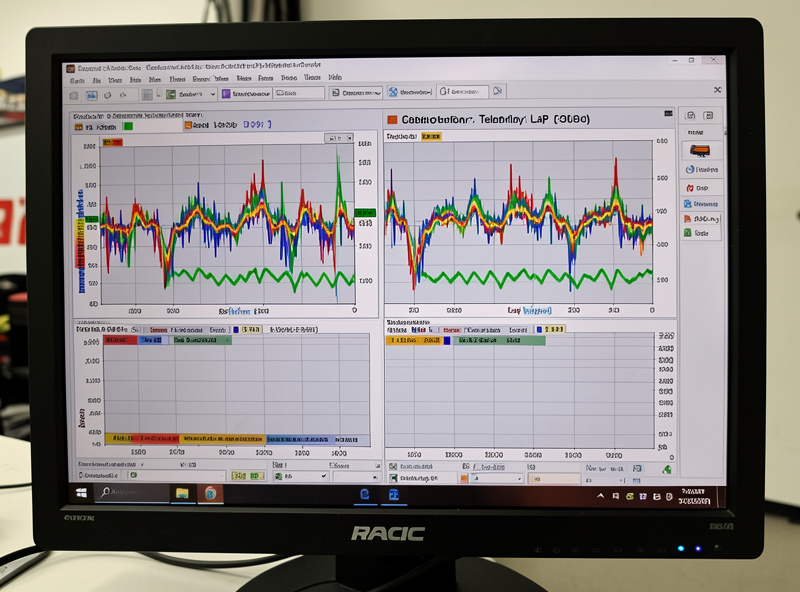 iRacing telemetry being analyzed on a monitor with lap comparison graphs
