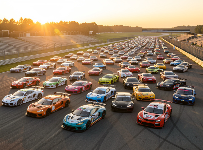 iRacing endurance race grid of GT3 and prototype cars lined up before a long event