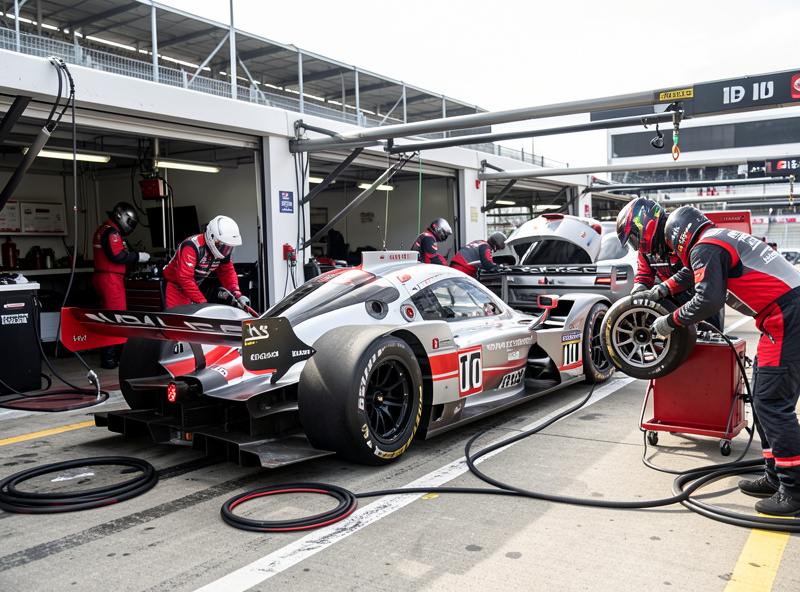 iRacing pit stop during an endurance race with a car being serviced in the pit box
