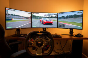 iRacing session on a triple-monitor sim rig with a direct-drive wheel set up for force feedback tuning