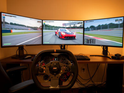 iRacing session on a triple-monitor sim rig with a direct-drive wheel set up for force feedback tuning