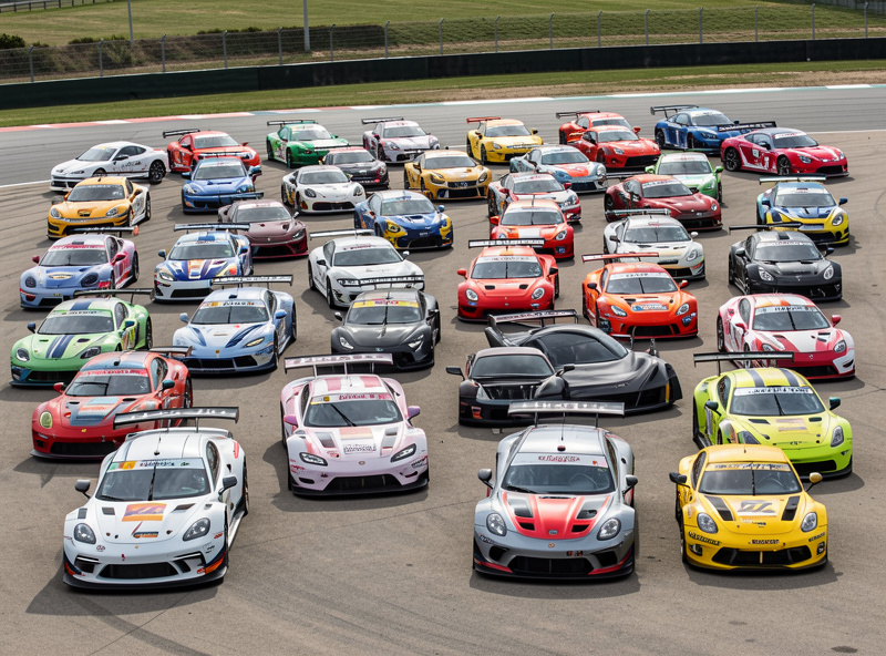 Multiclass grid of prototype and GT race cars on track during an iRacing endurance event